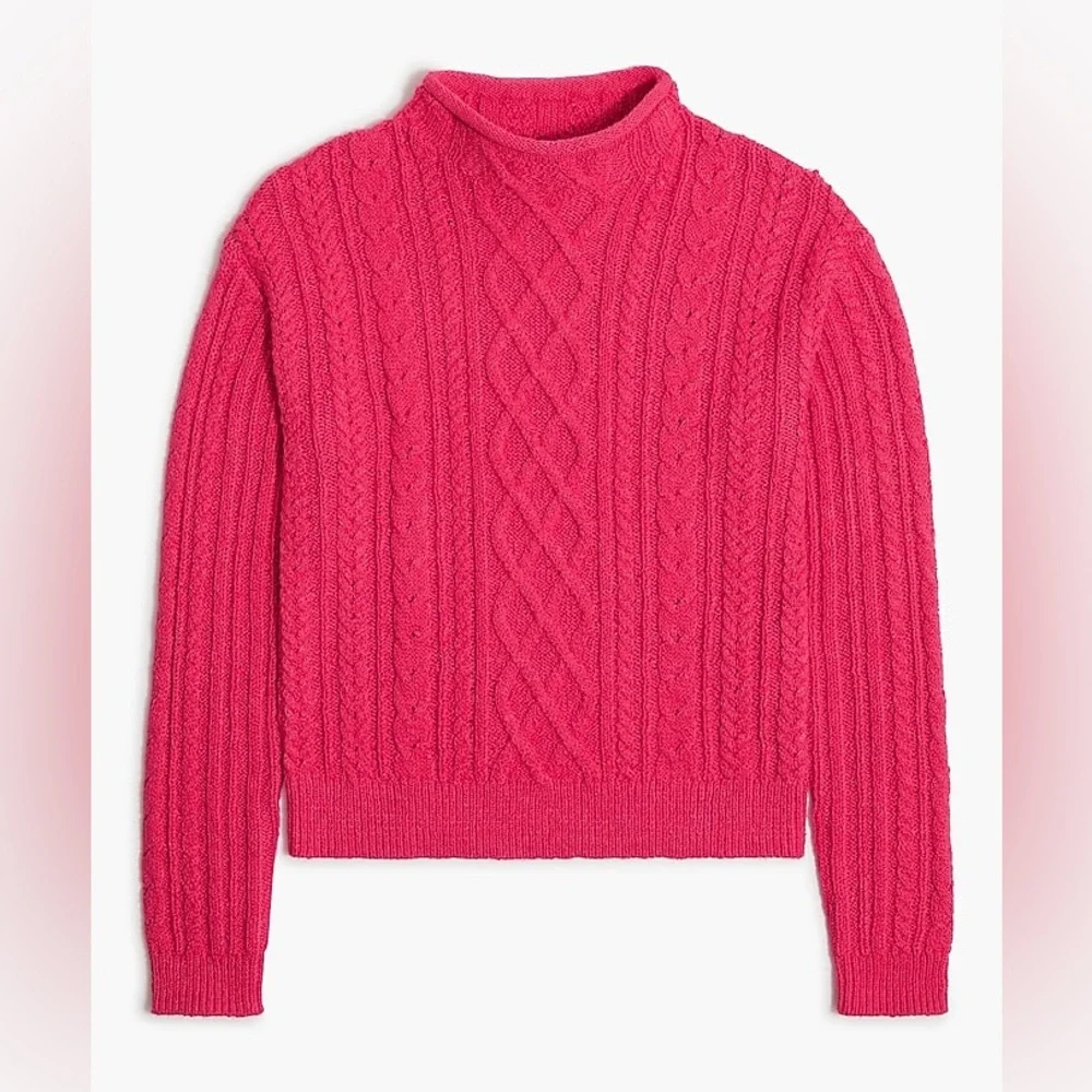 NWT NEW J.Crew J crew Small bright pink crew roll mock neck cable knit sweater